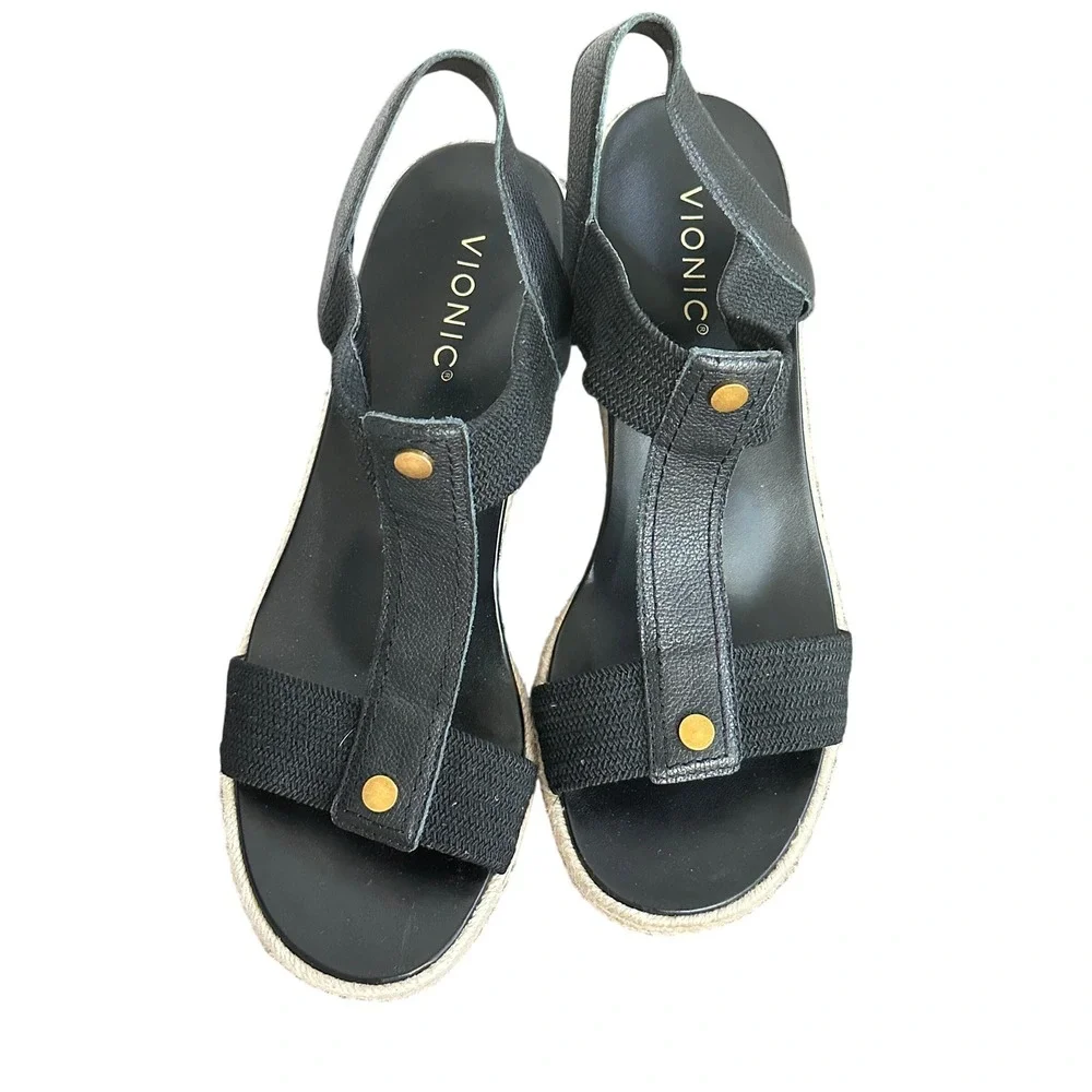 Vionic Calera Black Espadrille Wedge Sandals Womens 10 T-Strap Platform Orthotic